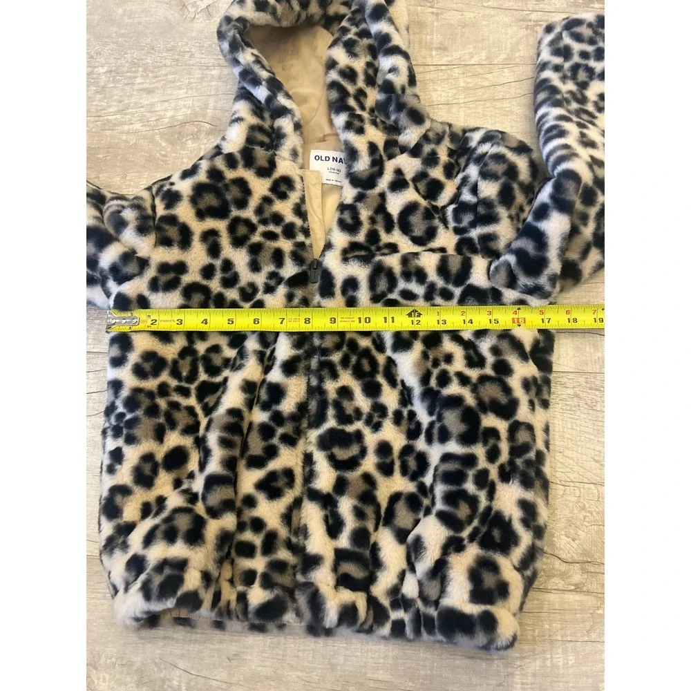 Old Navy Girls Leopard‎ Faux Fur Hooded Jacket Size L 10 12 Winter Warm
